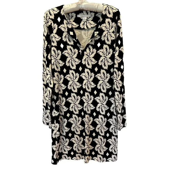 Diane Von Furstenberg Womens Dress 8 Black White Abstract Leaf Silk Knit Classic - Picture 1 of 12